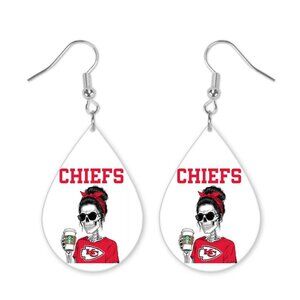 Chiefs Skull Messy Bun Football Teardrop Dangle Handmade Hook Earrings